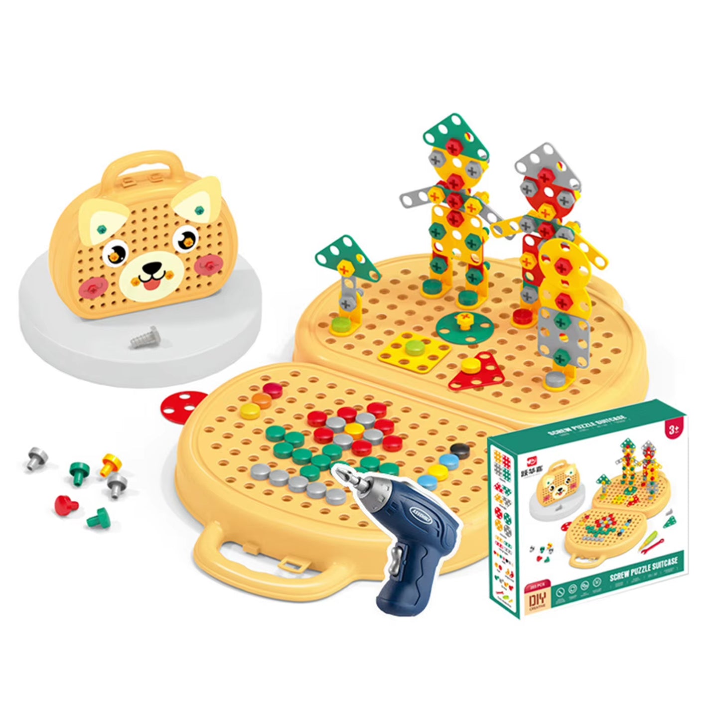 Montessori Baby Play Toolbox,Creative Puzzle Toy with Plastic Electric Drill for 3+ Years Old,Educational Repair Toolbox Toys