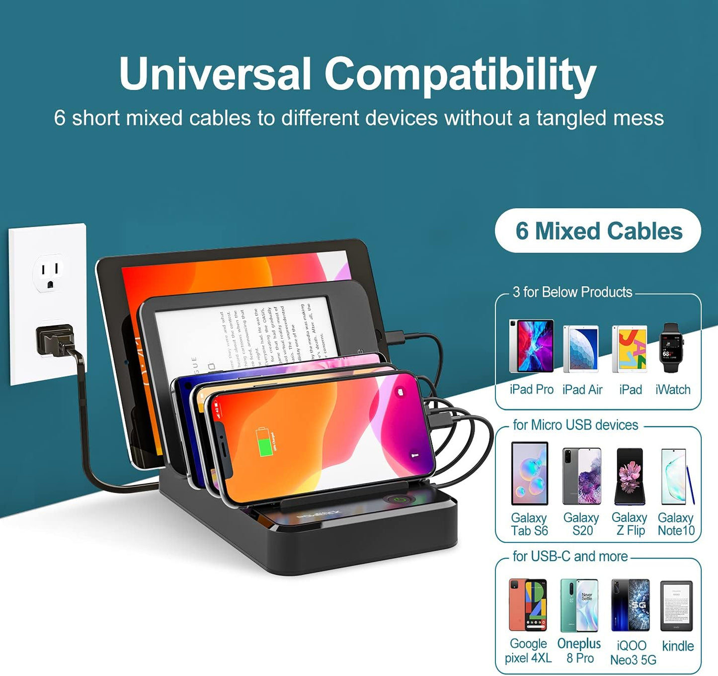Charging Station for Multiple Devices 5 Ports with 6 Mixed Charging Cables Multi USB Charger Station Organizer for Cell Phones Tablets Tab Electronics Tech Gadget