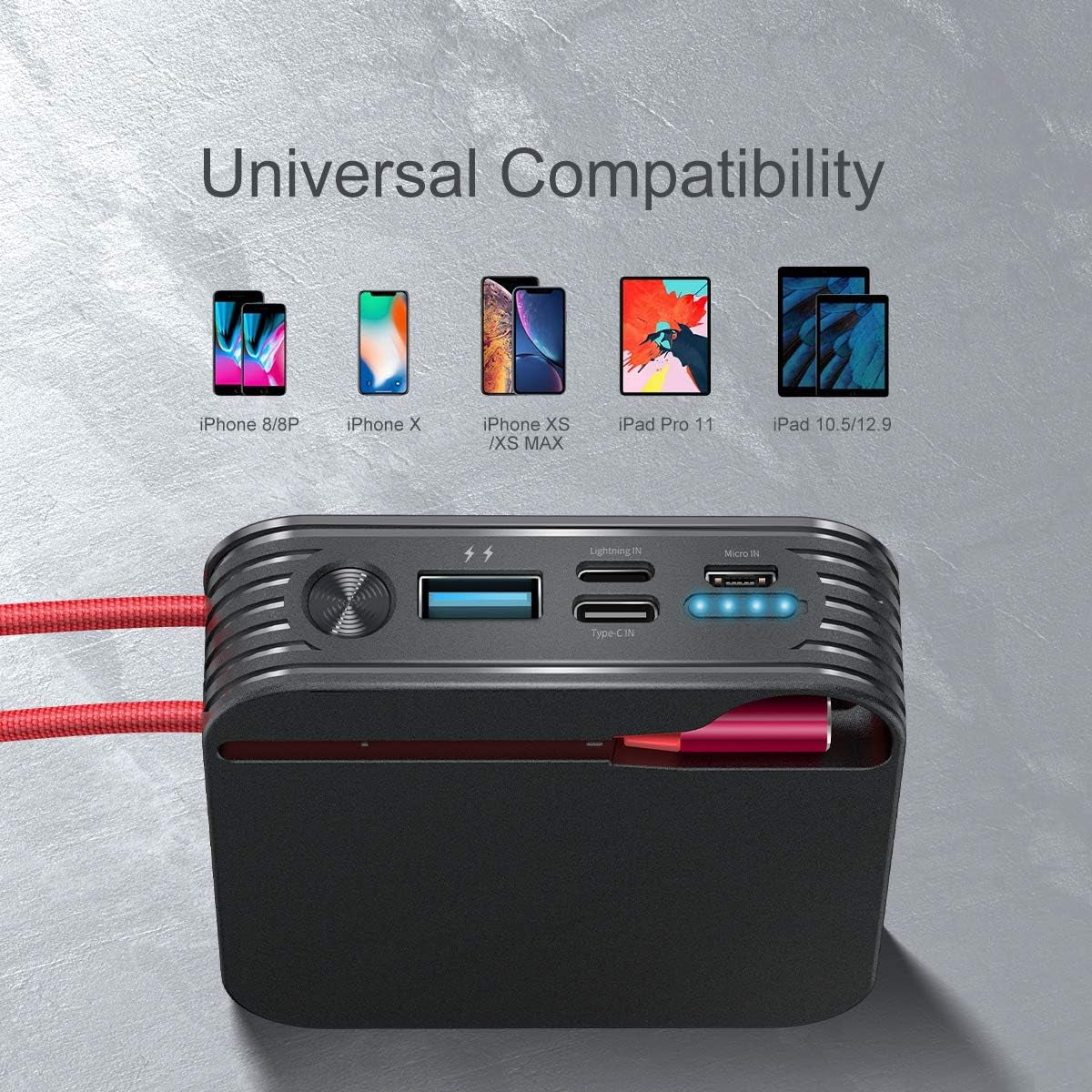 Portable Charger 10000Mah Power Bank, Iphone Charger,Ultra Compact Backup Battery with Built in Cable Compatible with Iphone 11/XS/XR/X/8/8P/7/6/6S