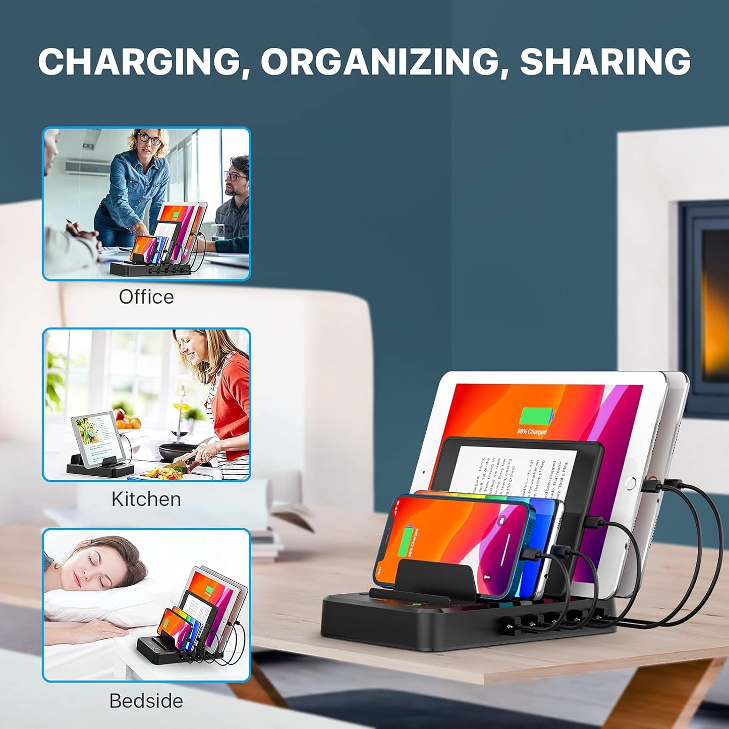 Charging Station for Multiple Devices 5 Ports with 6 Mixed Charging Cables Multi USB Charger Station Organizer for Cell Phones Tablets Tab Electronics Tech Gadget