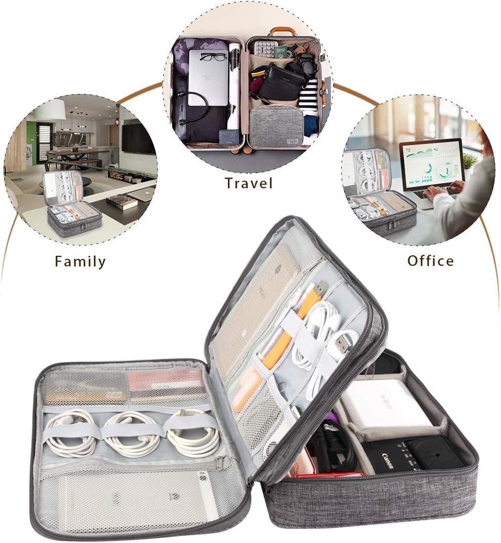 Travel Cable Organizer Bag, Three-Layer Electronics Accessories Organizer Bag for Cables, Chargers, Power Bank, Mouse,Ipad, Phone, Kindle, SD Card, Wires, Cords, and Accessories (Grey)