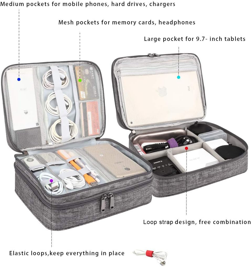 Travel Cable Organizer Bag, Three-Layer Electronics Accessories Organizer Bag for Cables, Chargers, Power Bank, Mouse,Ipad, Phone, Kindle, SD Card, Wires, Cords, and Accessories (Grey)