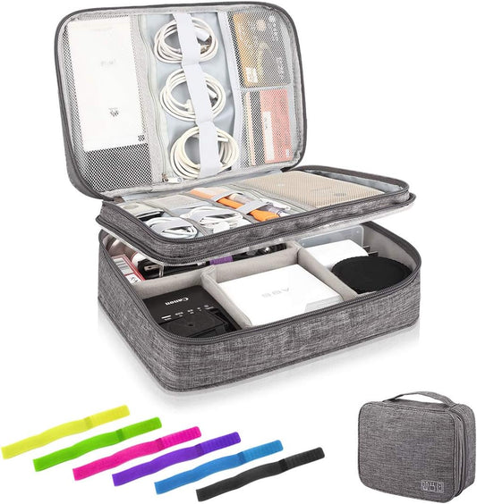 Travel Cable Organizer Bag, Three-Layer Electronics Accessories Organizer Bag for Cables, Chargers, Power Bank, Mouse,Ipad, Phone, Kindle, SD Card, Wires, Cords, and Accessories (Grey)