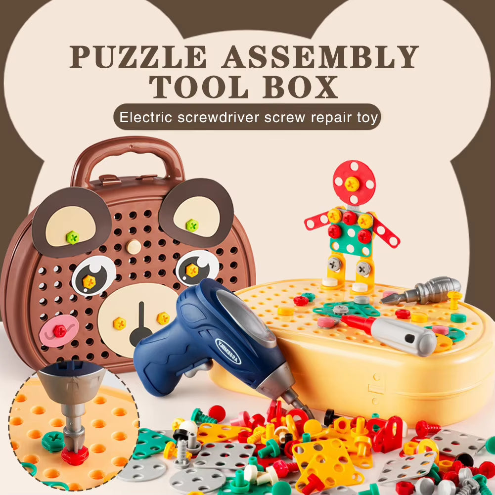 Montessori Baby Play Toolbox,Creative Puzzle Toy with Plastic Electric Drill for 3+ Years Old,Educational Repair Toolbox Toys