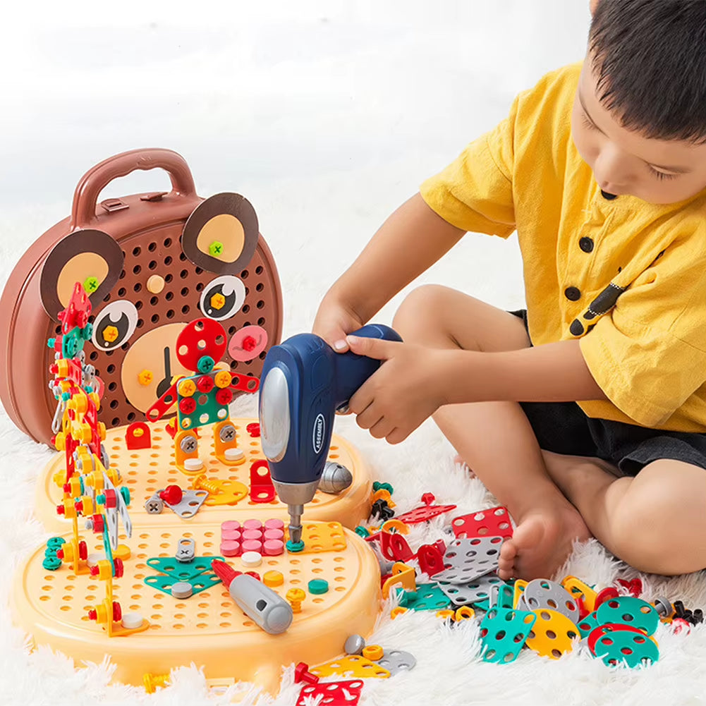Montessori Baby Play Toolbox,Creative Puzzle Toy with Plastic Electric Drill for 3+ Years Old,Educational Repair Toolbox Toys